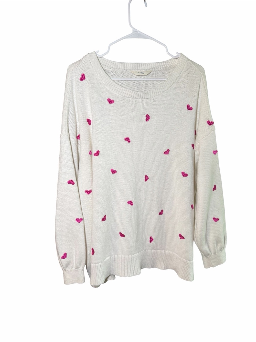White Sweater with Pink Heart Embroidery - Women's Pullover